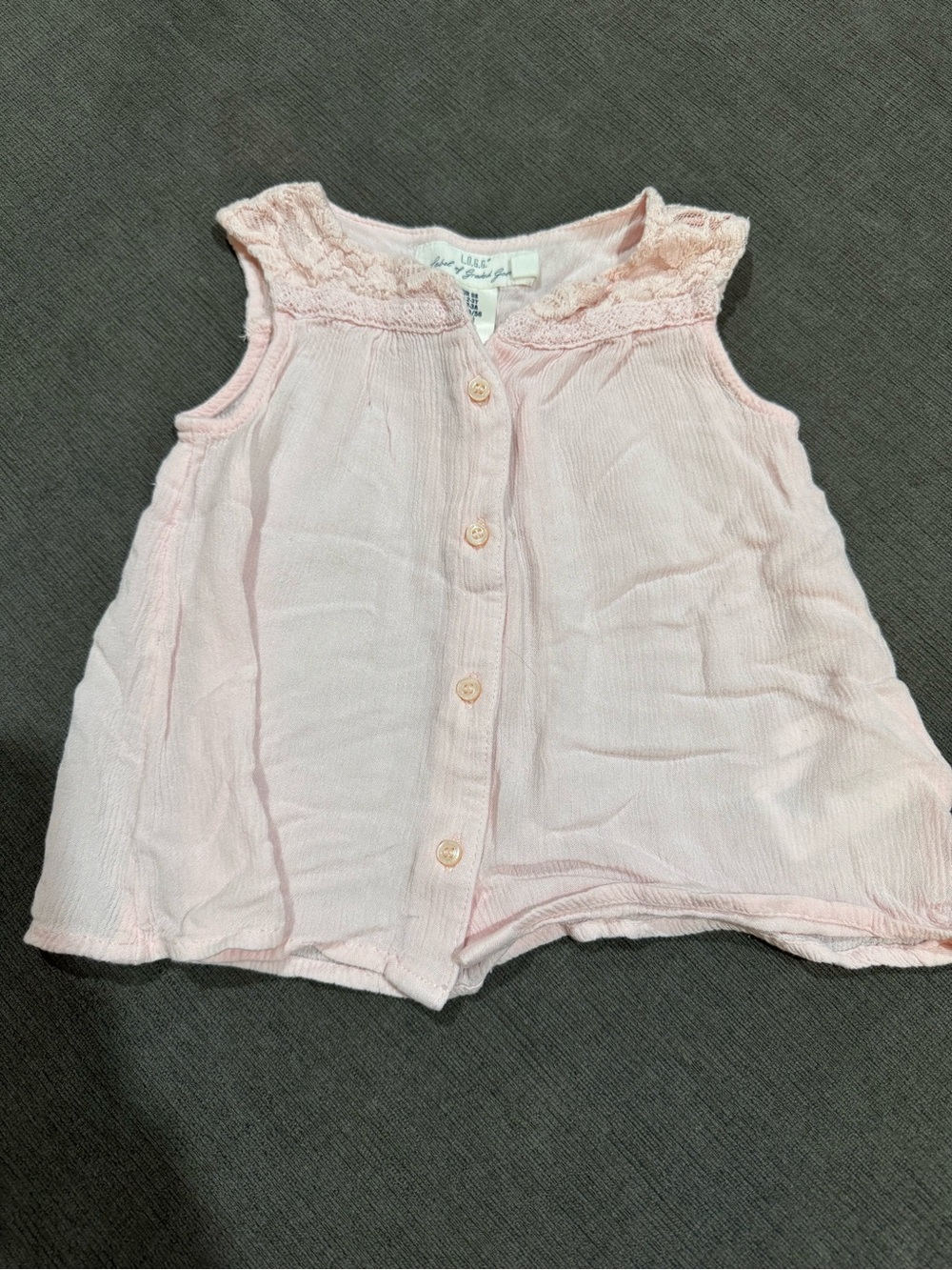 Sleeveless Light Pink Button-Front Girls' Tank with Lace Yoke
